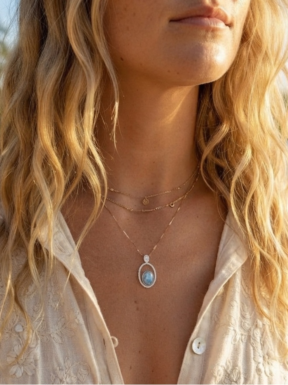 925 Larimar Moissanite Oval Pendant Necklace